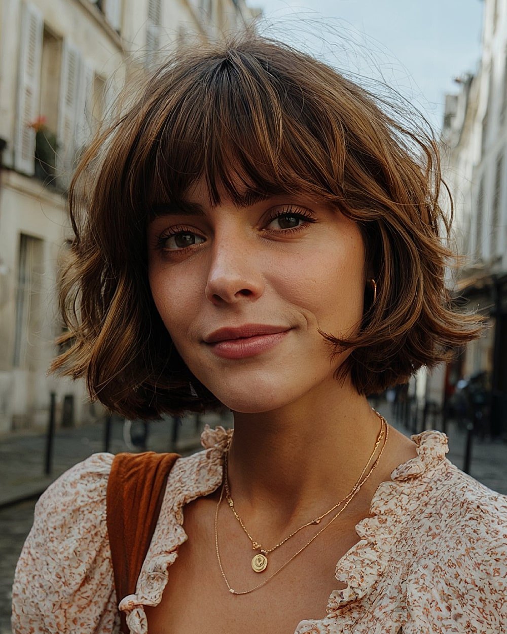 Tousled French bob with bangs and soft layers, featuring chin-length cut and wispy fringe for effortless Parisian style