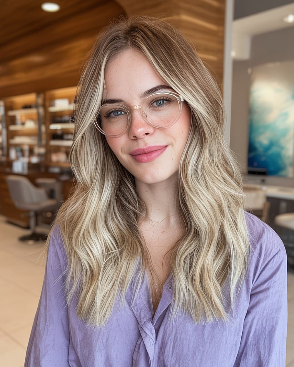 Vanilla blonde balayage on dark brown base with soft waves and natural root shadow