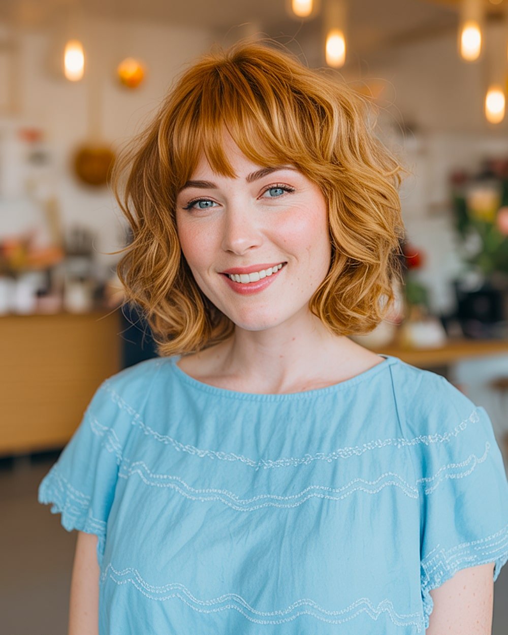 Wavy French bob with bangs on golden red hair for natural texture and easy volume