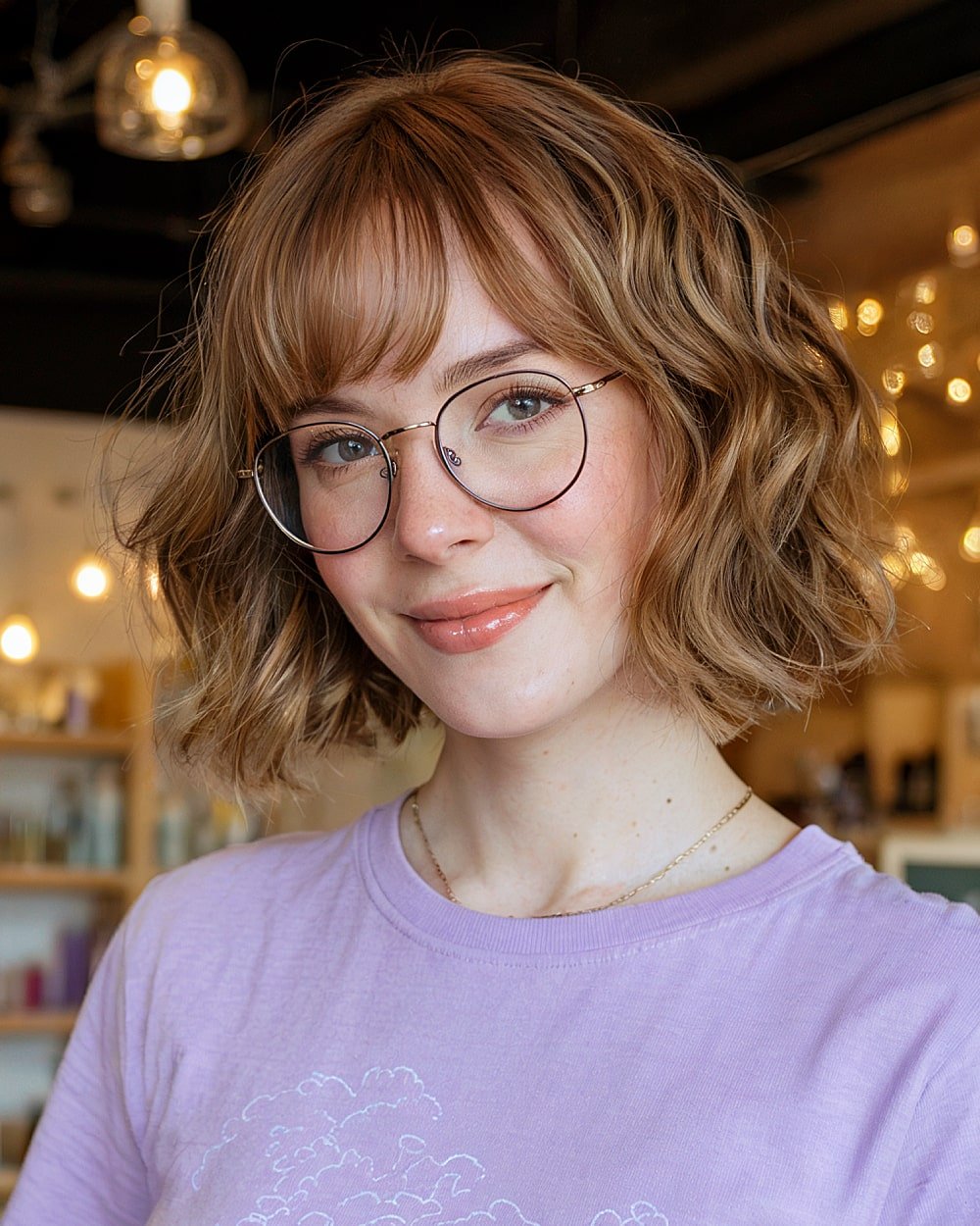 Wavy French bob with wispy bangs on light brown hair for airy volume and softness