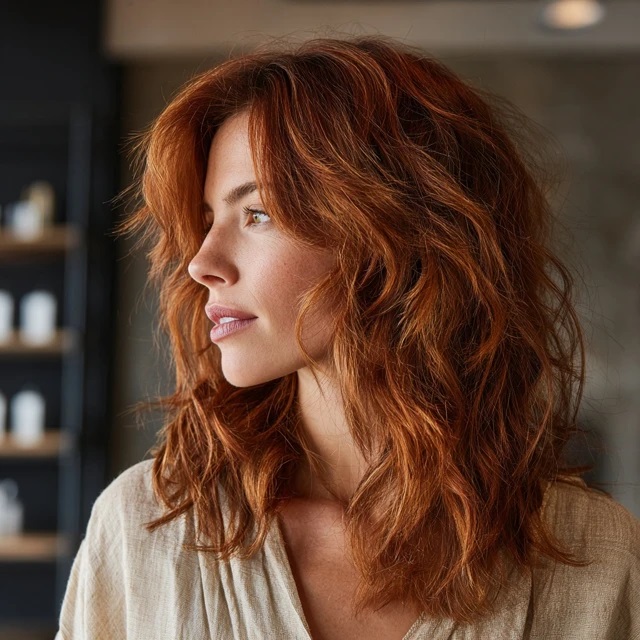 Auburn to Sand Dune Shag with Face-Framing Texture