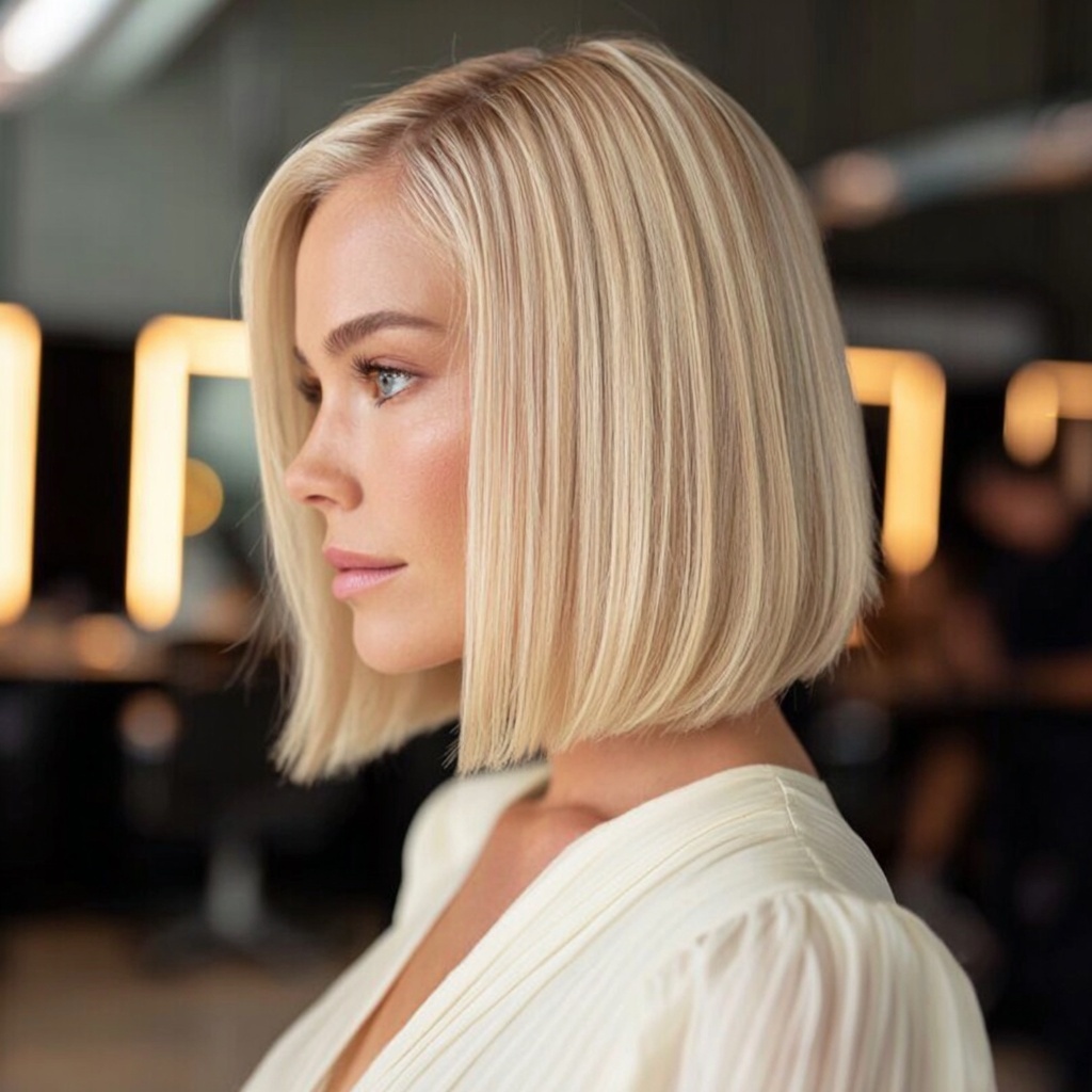 Blunt Jawline Bob with Buttercream Blonde Shine