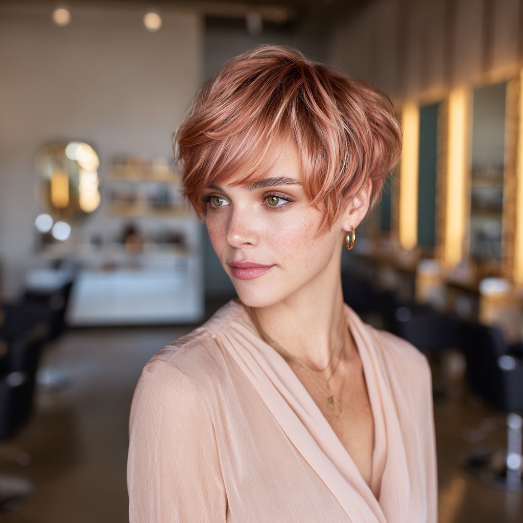 Burnished Rose Gold Pixie with Soft Layers