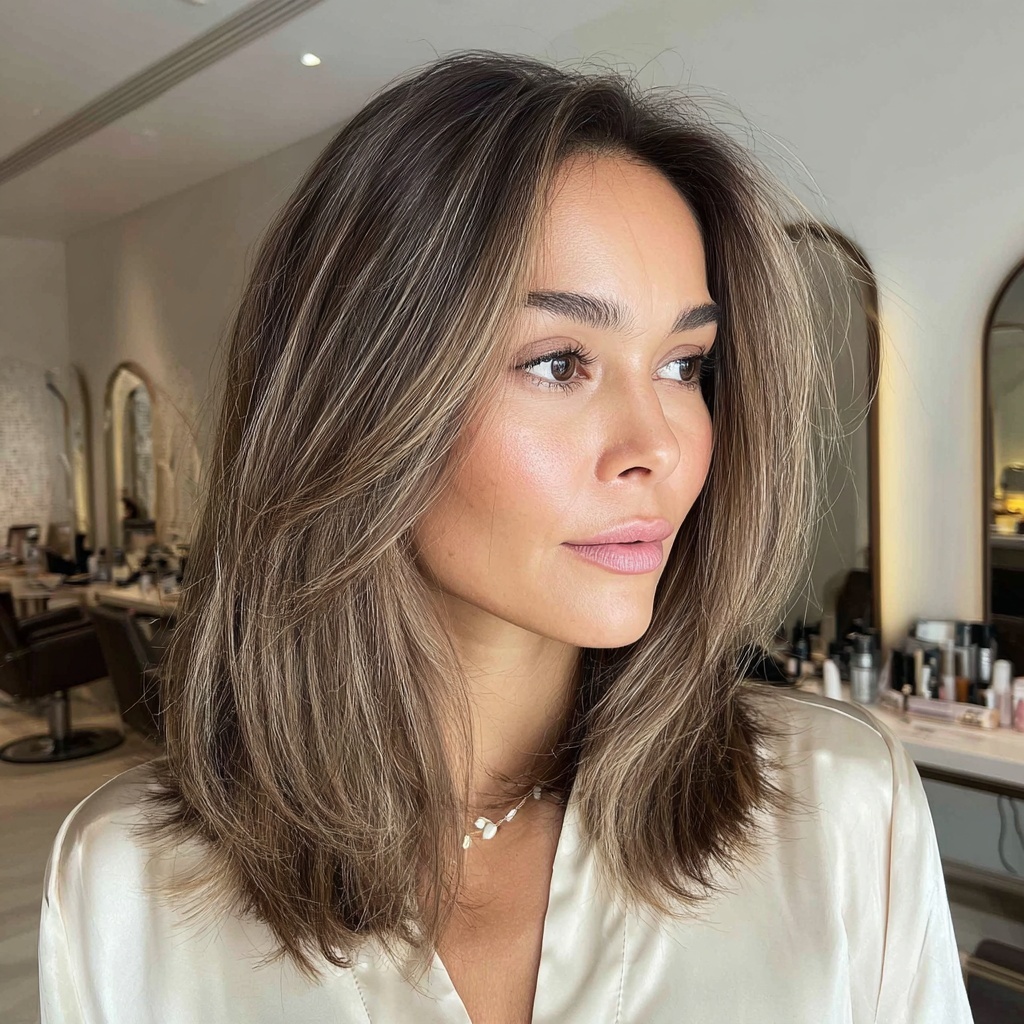 Cool Taupe Balayage Lob for Modern Neutrality
