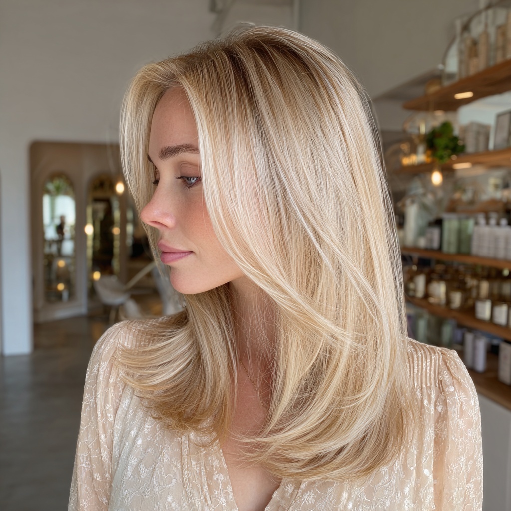 Creamy Blonde Lob With Glossy Dimension