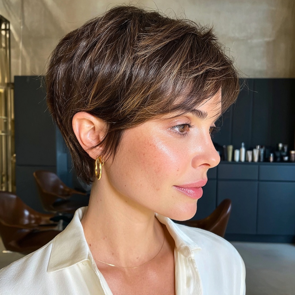 Cropped Brunette Pixie With Subtle Highlights