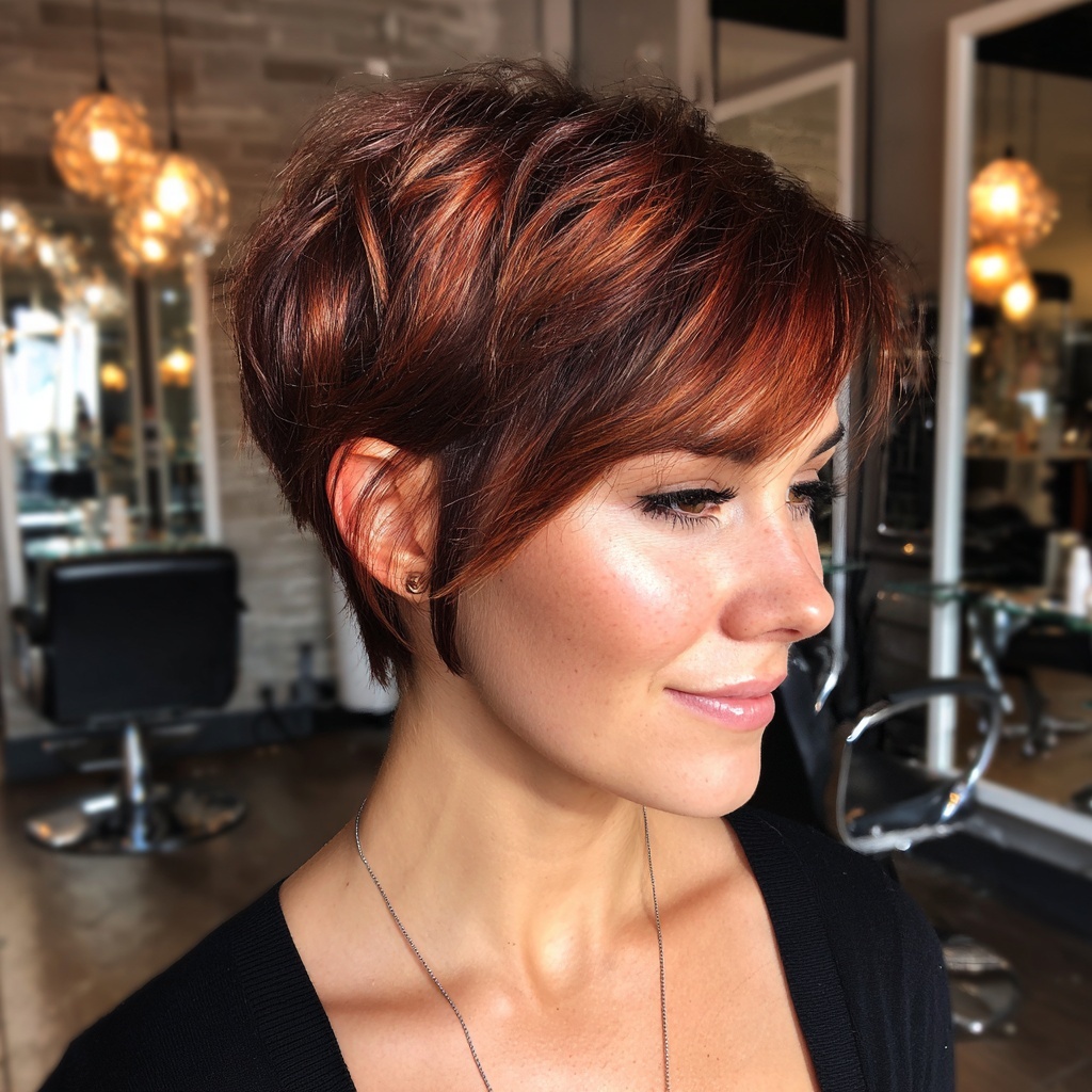 Dark Red Balayage Pixie with Soft Transitions