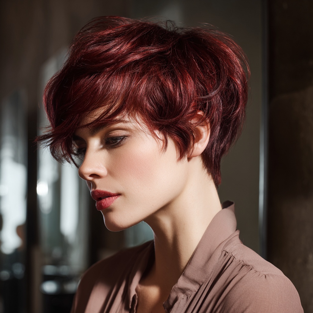 Deep Cherry Red Pixie with Layered Movement