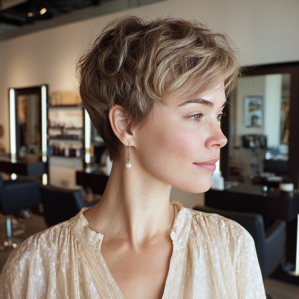 Dimensional Pixie Cut Shifting Between Shadow and Shine