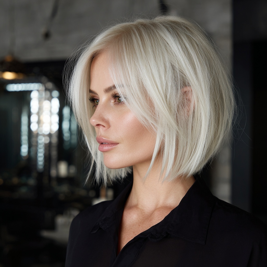 Frosty Platinum Bob With Edgy Structure