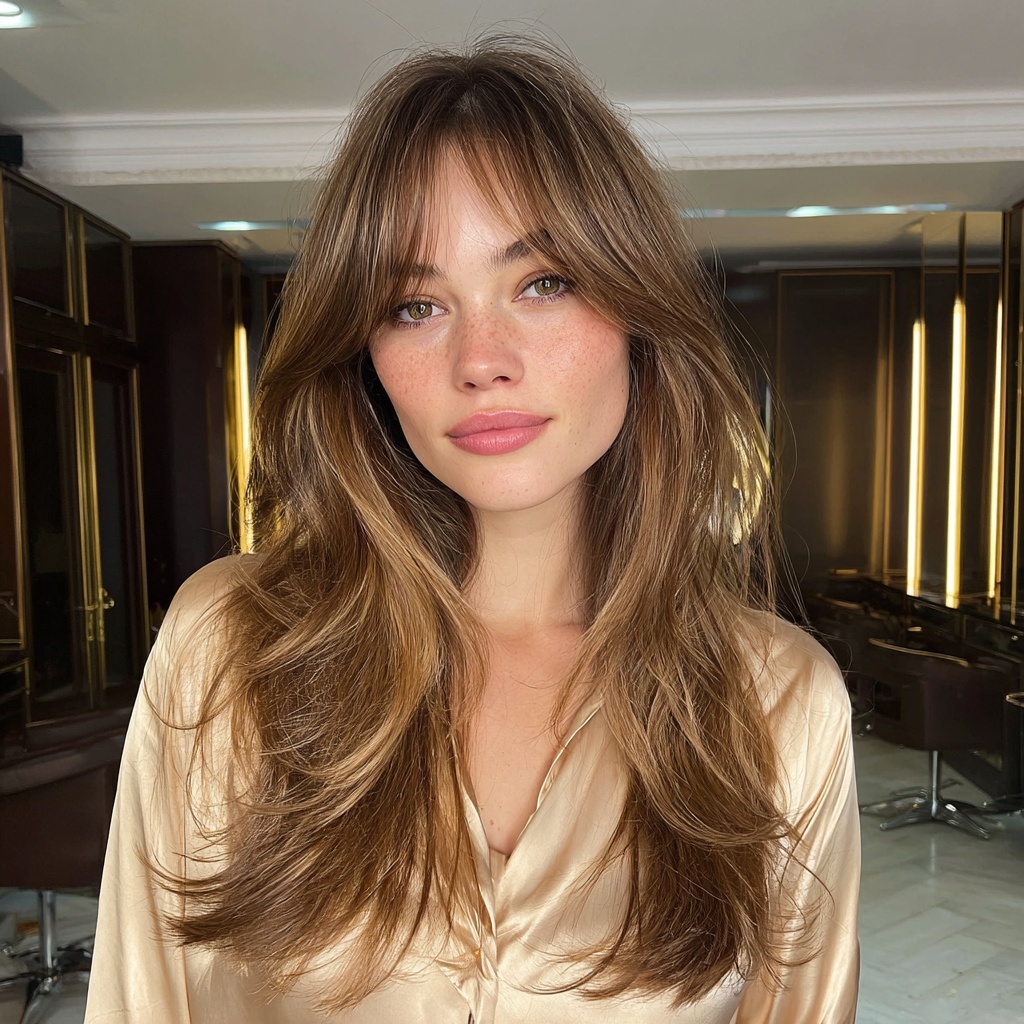 Glossy Long Layers with Flowing Curtain Bangs
