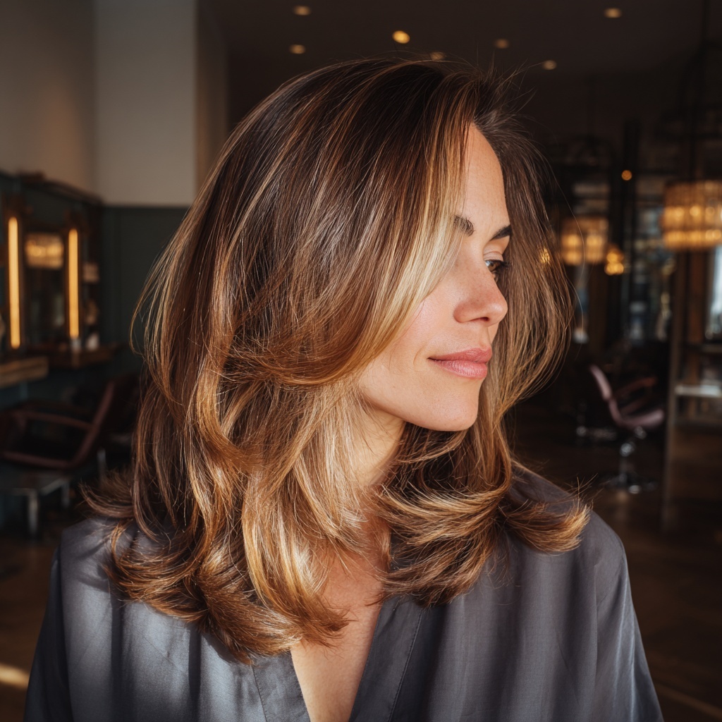 Golden Balayage Lob with Layered Volume