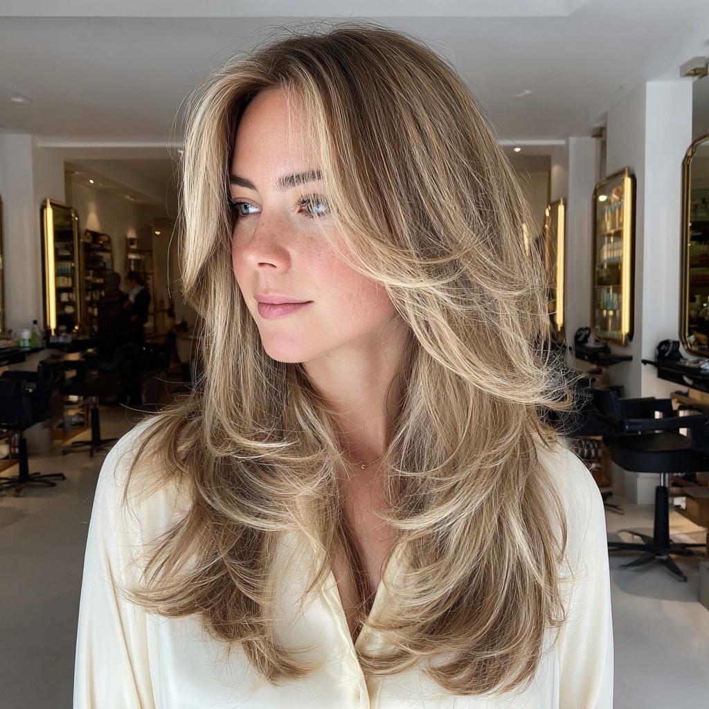 Layered Blowout with Swept Curtain Bangs