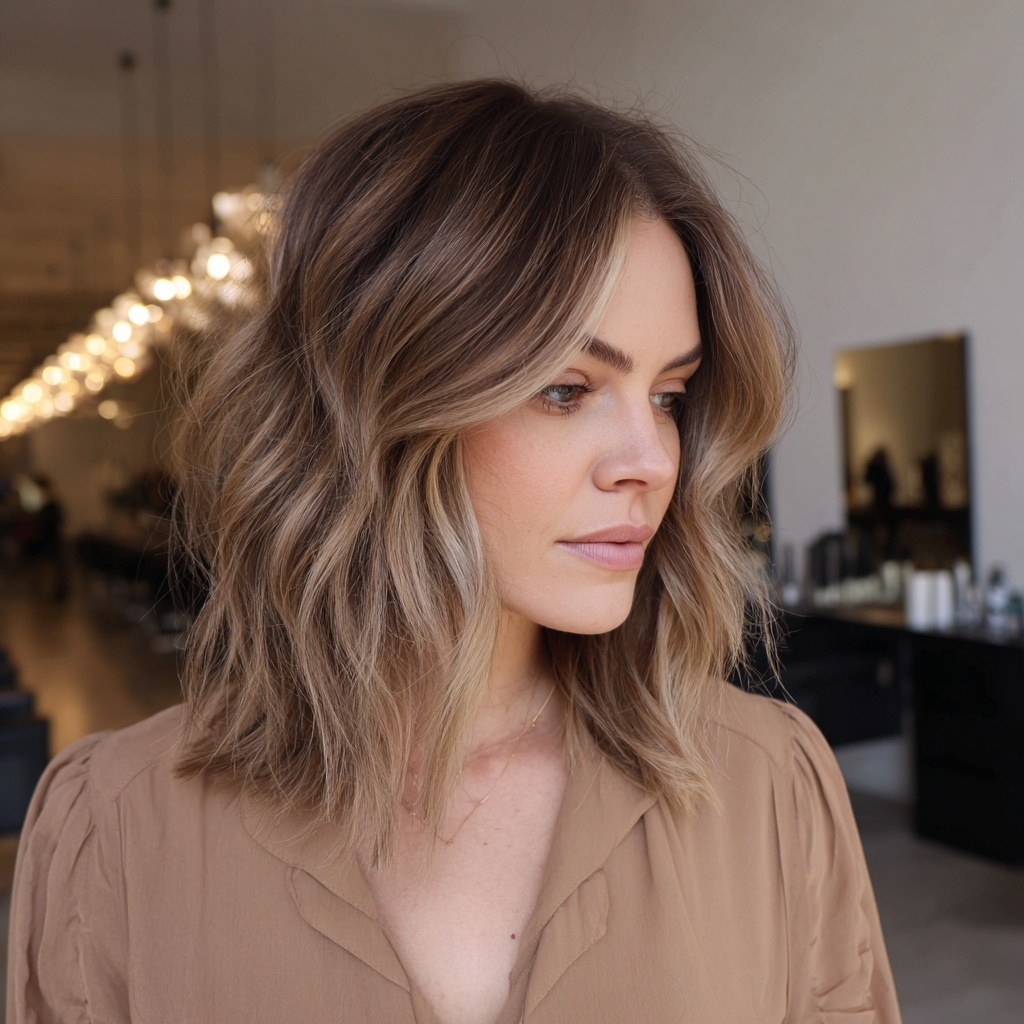 Layered Lob with Mushroom Brown Balayage