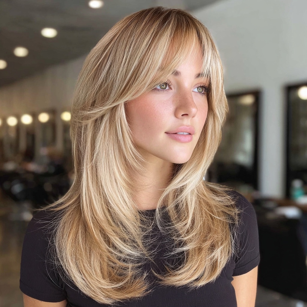 Layered Shag with Curtain Bangs in Sand Blonde