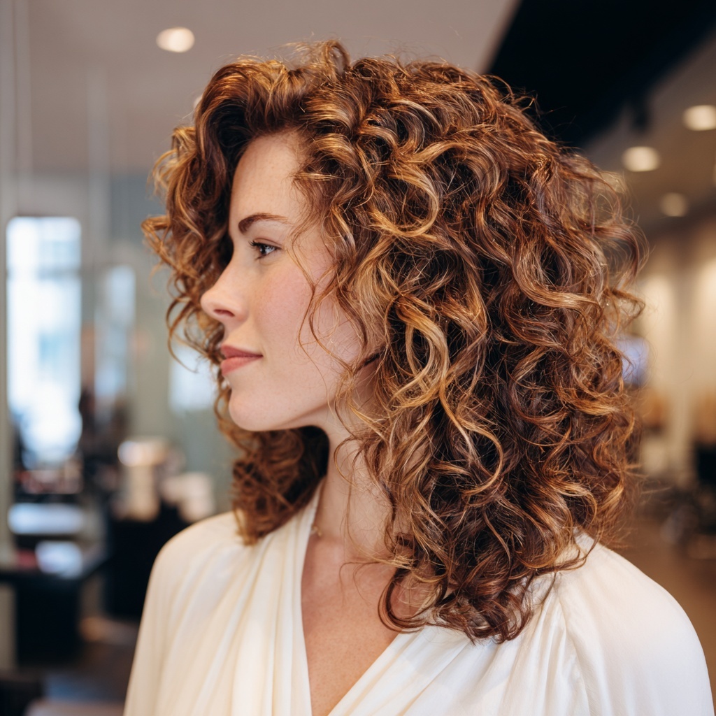 Maple Caramel Foilyage Curls for Warm Dimension