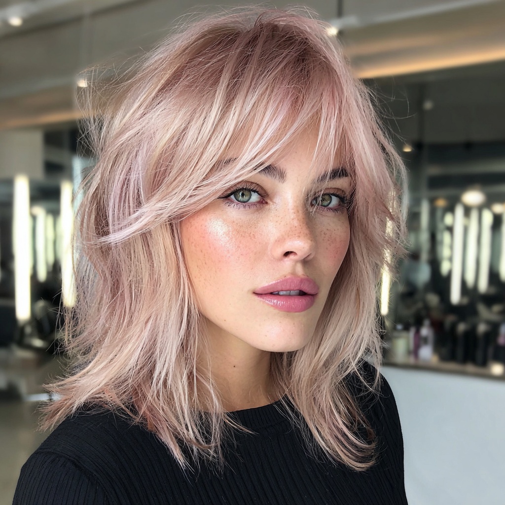 Shoulder-Length Shag in Ash Rose Blonde