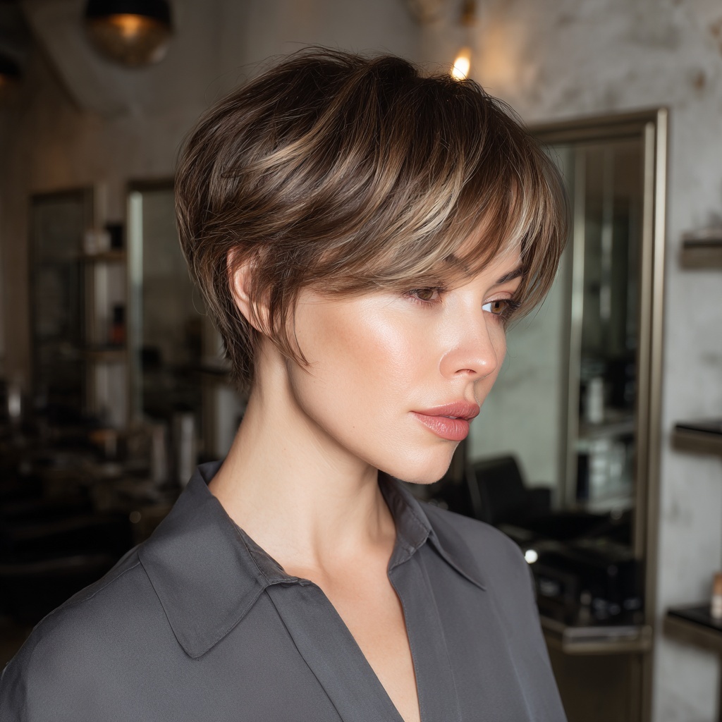 Soft Ash Brown Micro Highlight Pixie for Cool Texture
