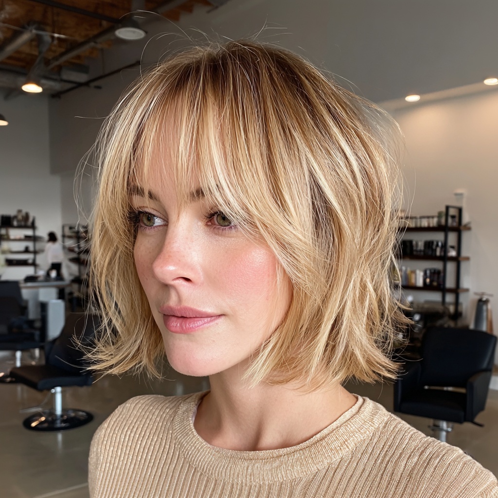 Textured Bob with Flowing Curtain Bangs