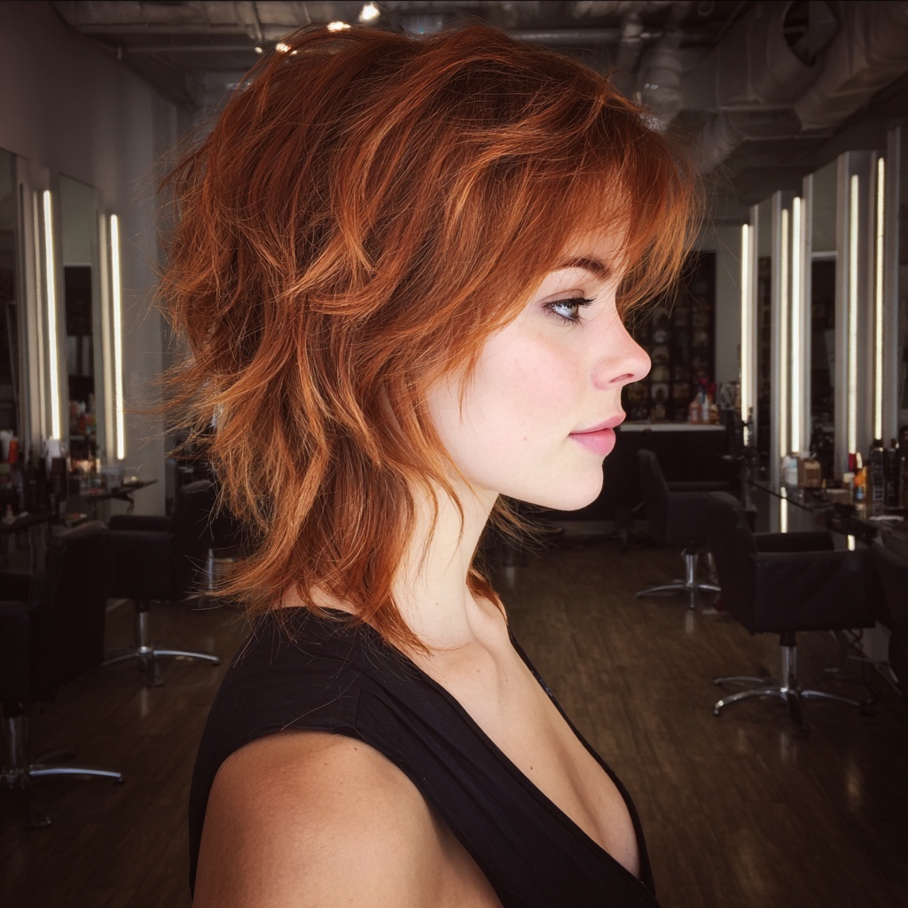 Textured Lob Shag with Rusty Auburn Highlights
