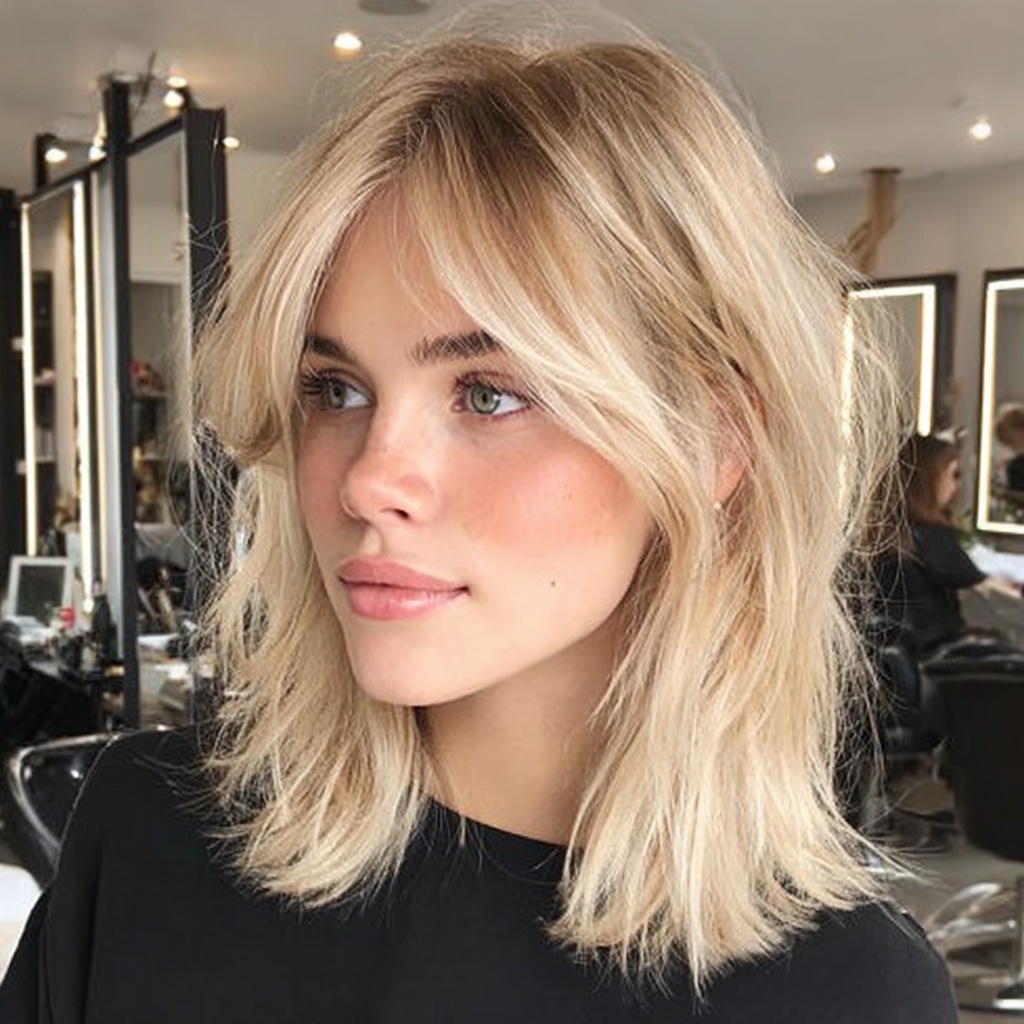 Textured Shoulder-Length Shag in Champagne Blonde