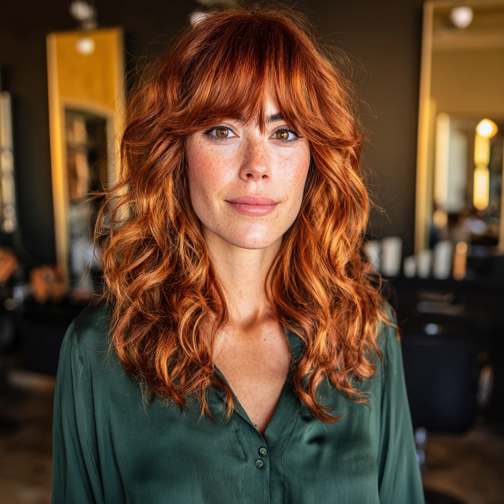 Toffee to Auburn Shag with Layered Bangs