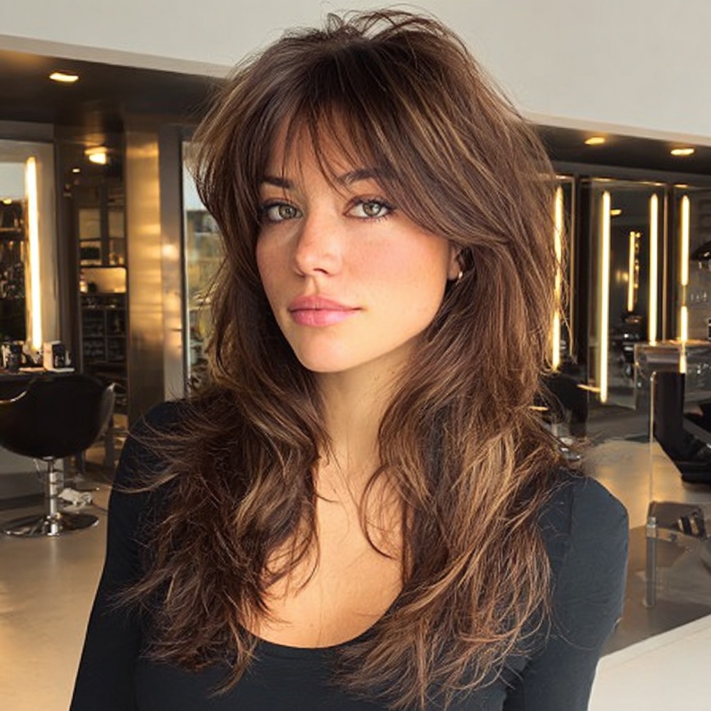 Tousled Shag with Amber Brunette Undertones